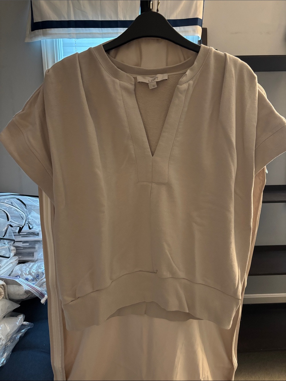 LOFT Cream Short-Sleeve V-Slit Pullover